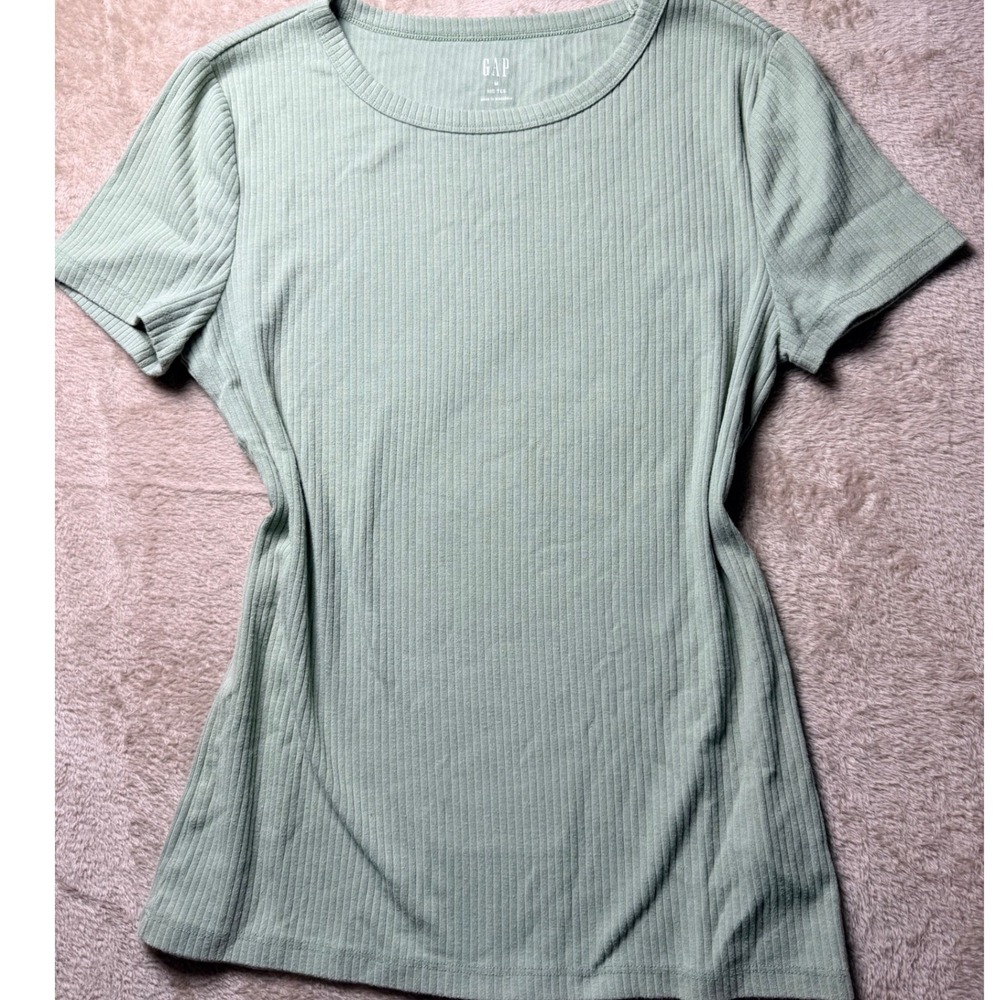 GAP Womens Rib Tee Sage Green Short Sleeve Crew Neck Ribbed Knit Top Size M
